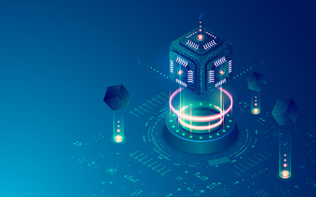 concept of quantum computing or supercomputer, graphic of cube microchip with futuristic technology...