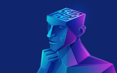 concept of brainstorming or creative thinking, graphic of a human head combined with maze or...