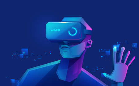 concept of virtual reality technology, graphic of a teenage gamer wearing VR head-mounted playing gameのイラスト素材