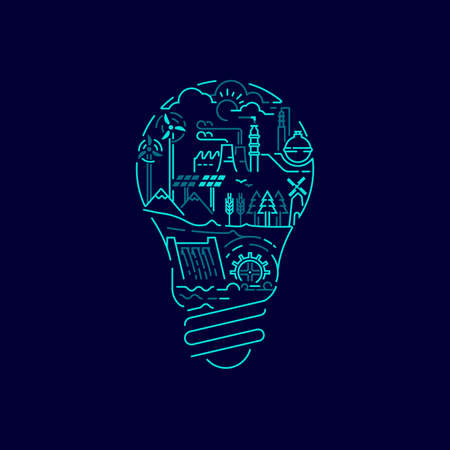 concept of green energy or environment protection, graphic of light bulb shape combined with environmental protection elementsのイラスト素材