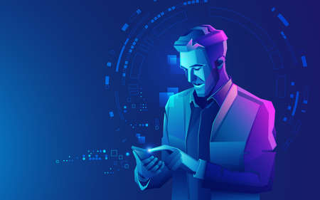 character design of digital technology person, graphic of mobile user or business man presented with low poly style with futuristic elementのイラスト素材