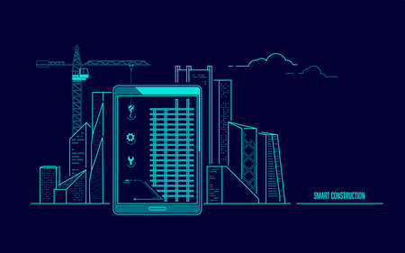 concept of smart construction technology, graphic of buildings as an application on tabletのイラスト素材