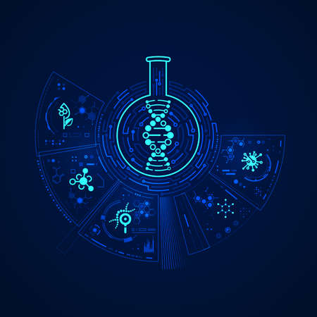 concept of biotechnology or synthetic biology, graphic of DNA shape inside test tube  with chemistry icons and elementのイラスト素材