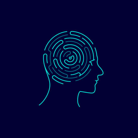concept of creative thinking or deep learning, graphic of human head combined with mazeのイラスト素材