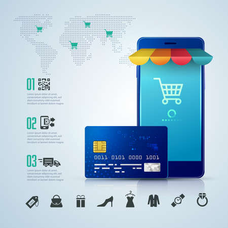 infographic of online shopping or e-commerce, graphic of mobile phone and credit cardのイラスト素材