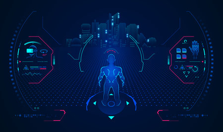concept of virtual reality technology, point of view of user in Metaverse, graphic of futuristic...
