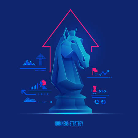 concept of business strategy, graphic of low poly chess knight with buisness elementのイラスト素材