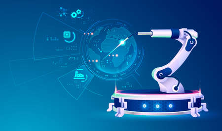 concept of smart industry or industry 4.0, graphic of futuristic robotic arm with technology elementの写真素材