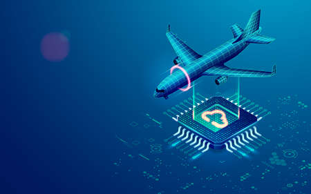 concept of aviation technology, graphic of airplane with microchip and futuristic elementの写真素材