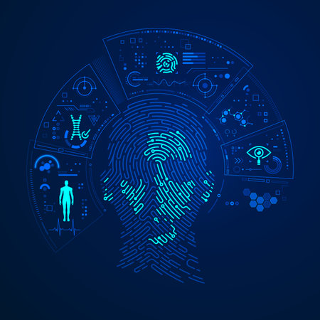 concept of biometrics or face recognition technology, graphic of fingerprint combined with man face and futuristic elementのイラスト素材