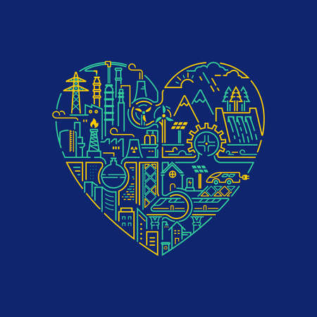 concept of ecology system and environment conservation, graphic of heart shape combined with jigsaw puzzle and ecosystem elementのイラスト素材