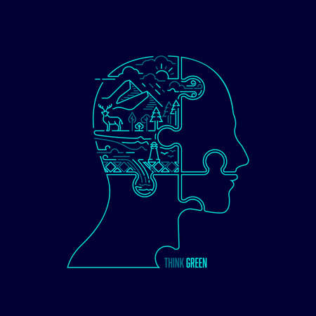 concept of environment protection or Earth day, graphic of human head combined with ecology systemのイラスト素材
