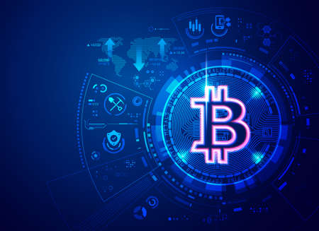 concept of cyrptocurrency technology, graphic of Bitcoin with futuristic elementの写真素材