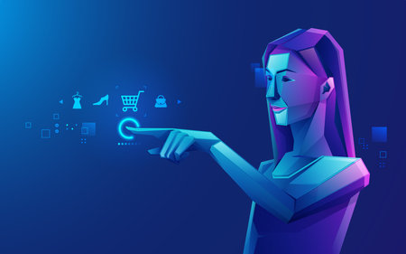 concept of online shopping technology or e-commerce, graphic of futuristic girl using mobile applicationのイラスト素材