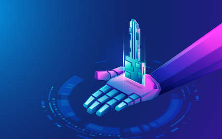 concept of machine learning of technology revolution, graphic of robot hand with futuristic keyのイラスト素材