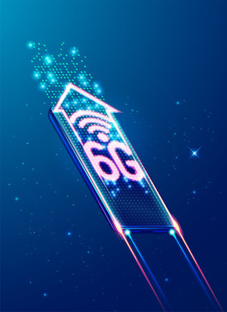 concept of communication technology, graphic of mobile phone with 6G signの写真素材