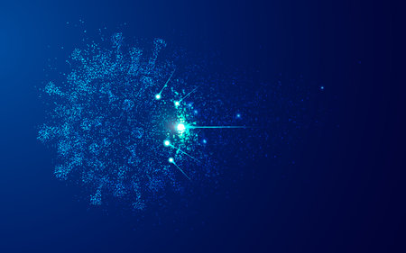 concept of synthetic virology or virus defeated, graphic of dotted virus element exploding with lighting effectの写真素材