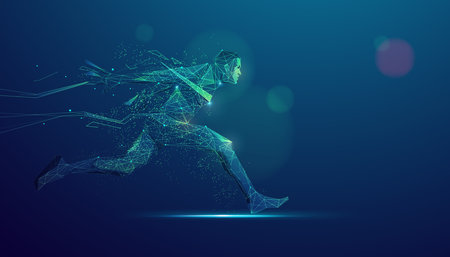 concept of successful or complete achievement, graphic of low poly athlete running to winのイラスト素材
