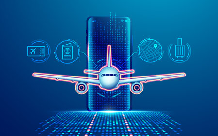 concept of tourism tech or aviation technology, graphic of airplane and mobile phone with travel applicationの写真素材