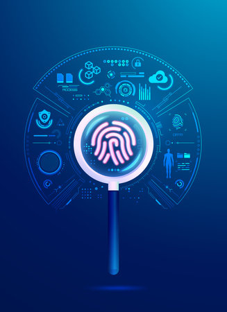 concept of digital forensics or cyber forensics, graphic of magnifying glass analyse from fingerprint with digital data elementsのイラスト素材