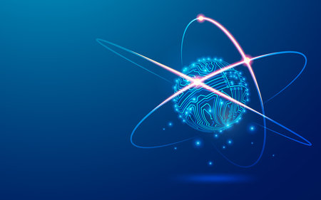 concept of futuristic science tech, graphic of atom structure combined with eletronic patternの写真素材