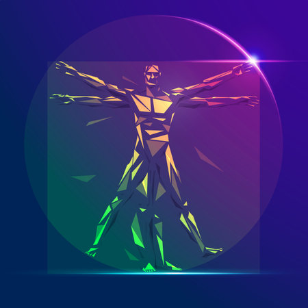 graphic of low poly Vitruvian man presented in vivid color styleのイラスト素材