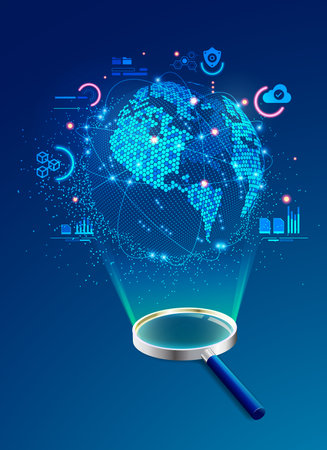 concept seo or big data analysis, graphic of magnifying glass with futuristic world technologyの写真素材