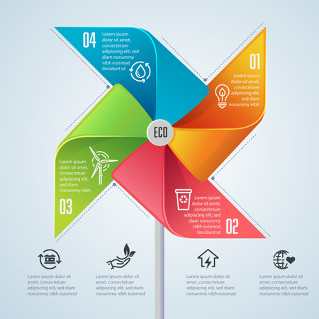 eco friendly infographics and idea for decoration, graphic of colourful paper turbine as ecology infographic backgroundのイラスト素材