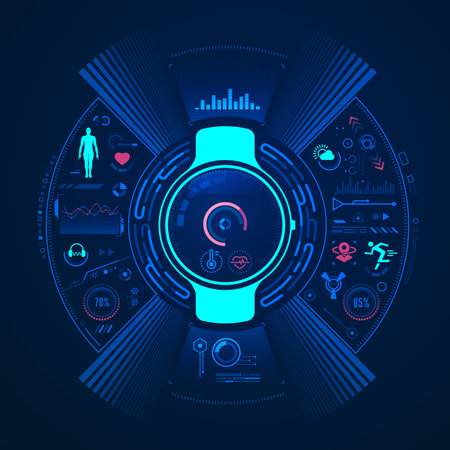 concept of wearable technology or medical healthcare tech, graphic of smartwatch screen interfaceのイラスト素材