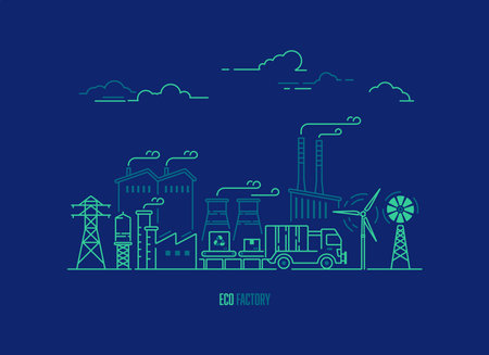 concept of eco-factory or green industry, graphic of power plant with ecology elementのイラスト素材