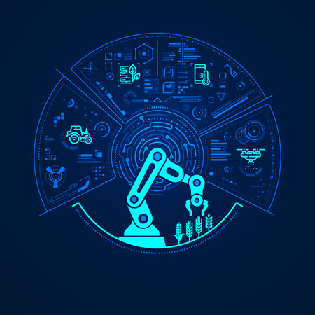concept of smart farming or agriculture tehnology, graphic of robotic arm with green technology element interfaceのイラスト素材