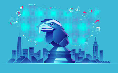 concept of USA business metaphor, graphic of eagle chess piece with economy elementのイラスト素材