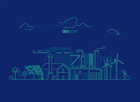 concept of green factory or eco industry, graphic of manufacturing plant with ecosystem elementのイラスト素材