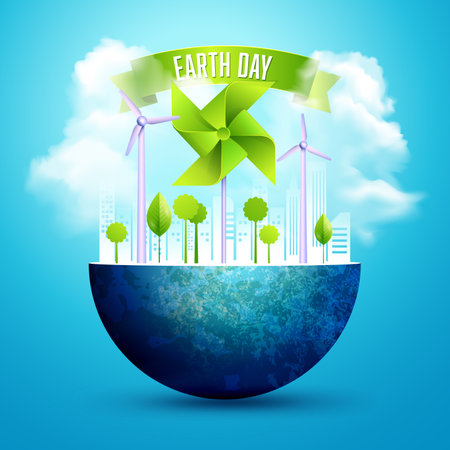 conceptual design for earth day or environment day, graphic of globe with turbine and windmillのイラスト素材