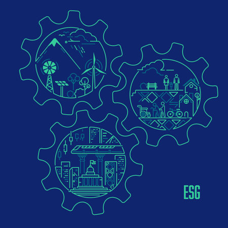 concept of ESG or environmental social and governance, graphic gear wheels combined with ecology element insideのイラスト素材