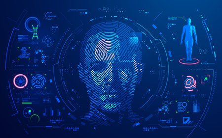 concept of digital forensic or biometrics, graphic of man face combined with fingerfrint pattern and futuristic interfaceのイラスト素材