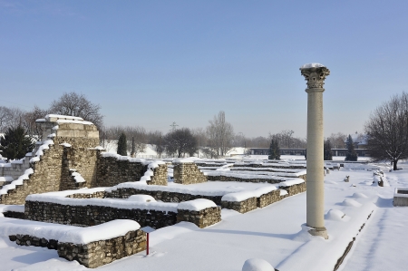 Ancient ruins in wintertime in Roman city called Aquincum  The place is in Budapest, Hungary の写真素材