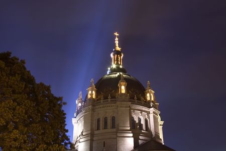 St. Paul Cathedral in St. Paul Minnesota lit up at nightの写真素材