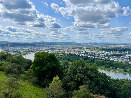 Coblenz city skyline overviewing the rhine river valleyの写真素材