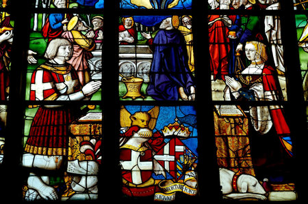 Detail of a stained glass window in Brou royal monastery (France)の写真素材