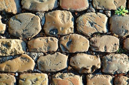 Detail of a sunny cobbled road in autumnの写真素材