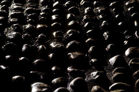 Close up of a wet Cobbled Road at night, in winterの写真素材