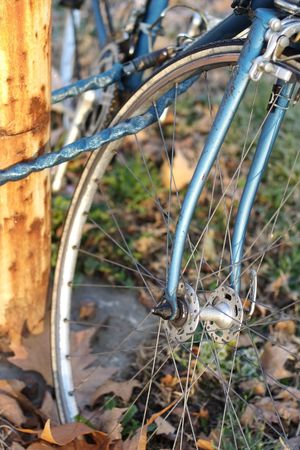 Vintage bicycle locked at a rusty street lampの写真素材