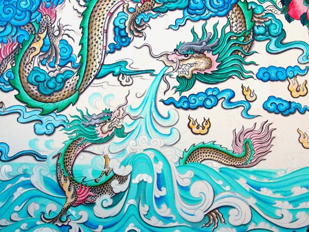 Chinese dragon at the wall of temple, Thailandのeditorial素材