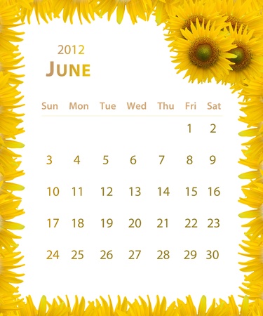 2012 year calendar ,June with Sunflower frame designの写真素材
