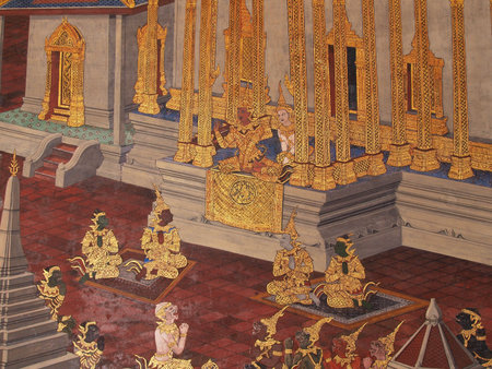 Wall art painting in temple Thailand. painting about Ramayana epic story.