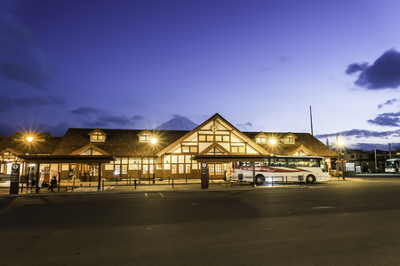 KAWAGUCHIKO,March 02:Kawaguchiko station with the veiw of fuji mountain on evening time, Japan, on March 02, 2015のeditorial素材