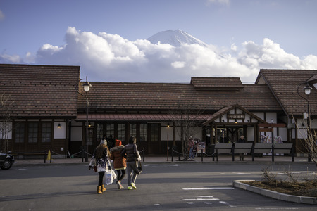 KAWAGUCHIKO,March 02:Kawaguchiko station with the veiw of fuji mountain on evening time, Japan, on March 02, 2015のeditorial素材