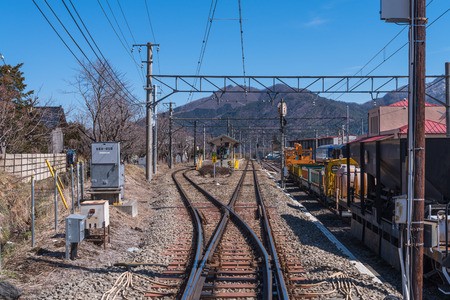 YAMANASHI, JAPAN - March 02,2015: Shimoyoshida railway station on March 02, 2015. Shimoyoshida Station is a railway station on the Fujikyuko Line in Fujiyoshida, Yamanashi, Japan.のeditorial素材