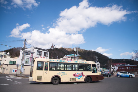 FUJIKAWAGUCHIKO, JAPAN - March 02: Kawaguchiko Station in Fujikawaguchiko, Japan on March 02, 2015. A railway station at lake Kawaguchiko near Mt. Fujiyamaのeditorial素材